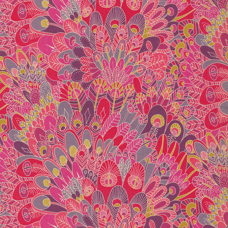 Colorful peacock feather pattern on a pink background