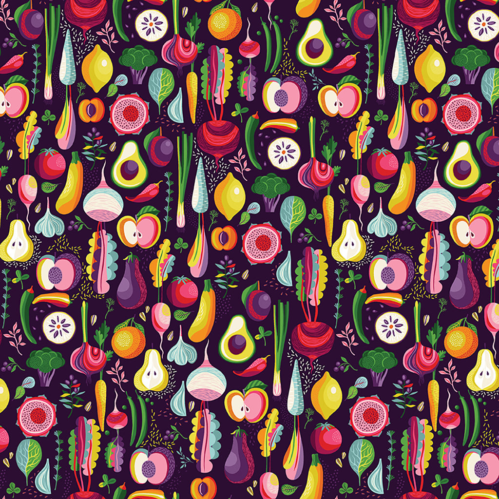 Designed by Helen Dardik for Clothworks, this gorgeous fruit-and-veggie print is from the Floribunda collection. 