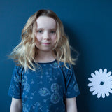 Navy dandelion girl's dress, handmade in Canada by Red Thread